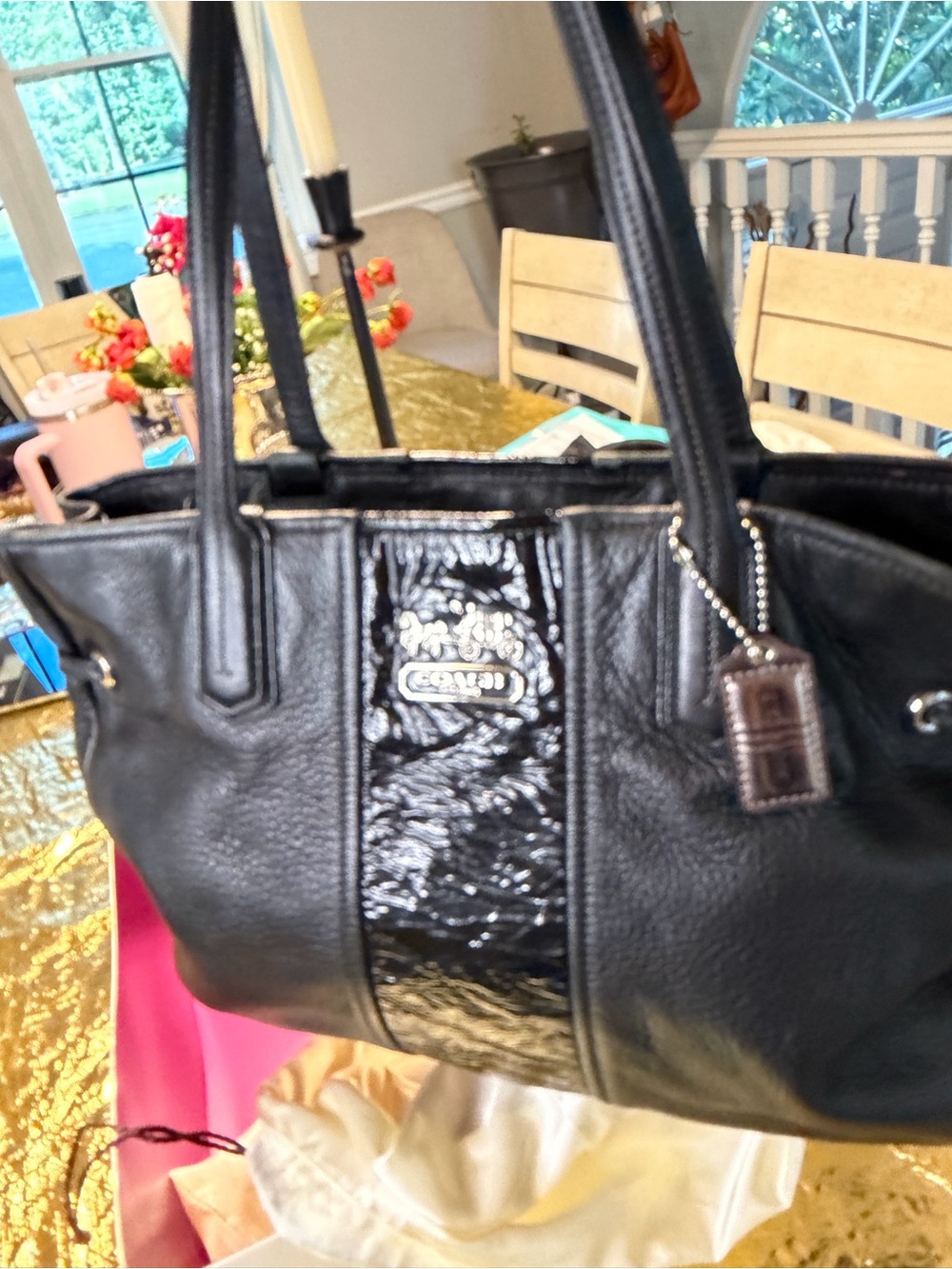 Coach Black Leather Tote with Patent Center Stripe